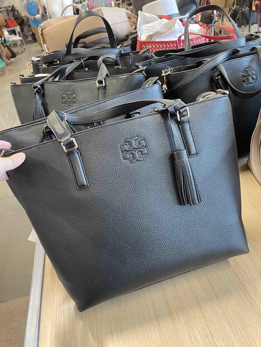 5折！Tory Burch TB专柜款全牛皮托特包 黑色/浅灰色 商品图0