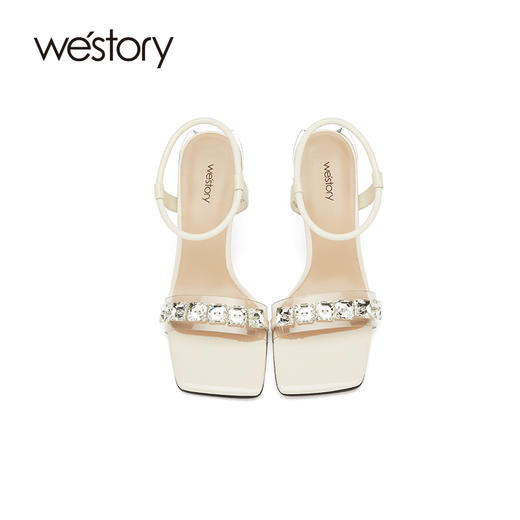 westory女鞋2021夏季新款真皮粗跟仙女风一字带凉鞋W21BG60801 商品图3