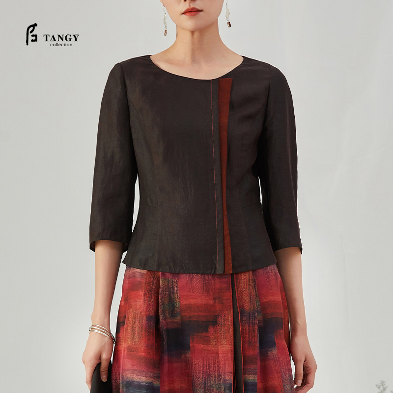 TANGY Collection/天意精品2021年秋冬新品真丝拼撞莨绸香云纱T恤