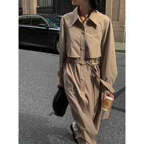 【服饰鞋包】新品气质韩版中长款纯色翻领束腰长袖风衣外套女