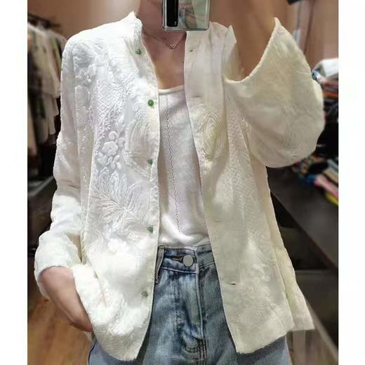 丁摩【断码清仓】 新中式真丝丝绒衬衫高定烧花提花玉石扣外套宽松立领上衣Q121178 商品图2