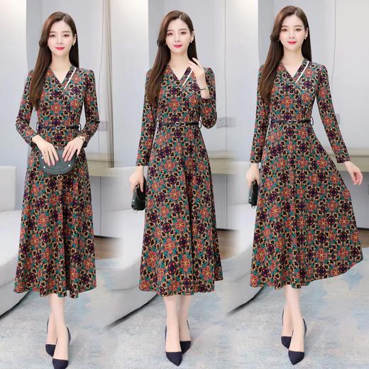 WZNH-XYFS6197秋装新款复古印花V领长款显瘦气连衣裙 商品图3