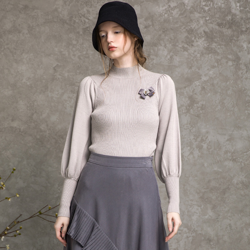 famecoco范可儿毛衣女士早秋修身灰色针织衫F216DC001