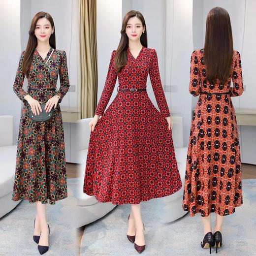 WZNH-XYFS6197秋装新款复古印花V领长款显瘦气连衣裙 商品图1