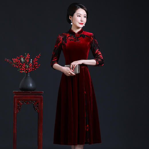 上海旗袍厂JC-JY216秋季新款 喜婆婆刺绣旗袍裙 连衣裙改良气质中长款妈妈裙子 商品图4