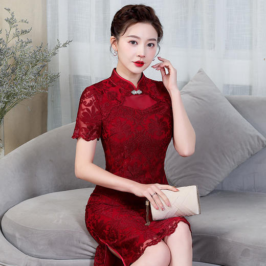 上海旗袍厂ZY-Q5546夏装新款旗袍改良版连衣裙刺立领短袖婚宴气质妈妈礼服裙子 商品图0