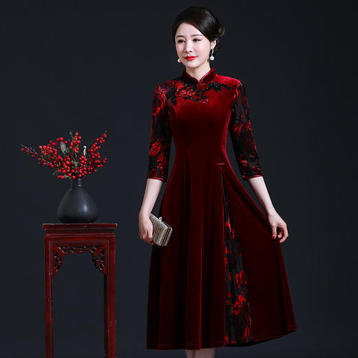 上海旗袍厂JC-JY216秋季新款 喜婆婆刺绣旗袍裙 连衣裙改良气质中长款妈妈裙子 商品图2