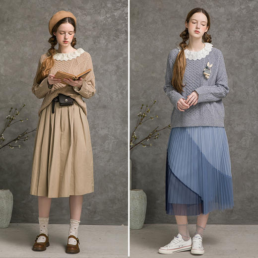 famecoco范可儿针织衫女款初秋蓝色慵懒羊毛上衣F216DB004 商品图4