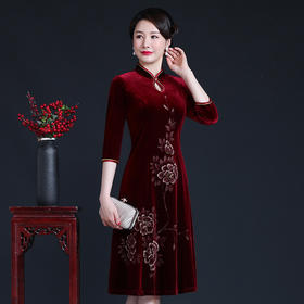 上海旗袍厂JC-JY-208春秋新款婚宴喜庆妈妈装金丝绒水墨画连衣裙婆婆礼服