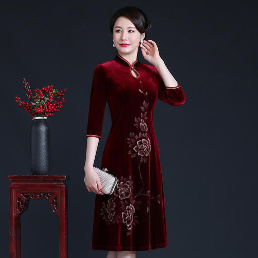 上海旗袍厂JC-JY-208春秋新款婚宴喜庆妈妈装金丝绒水墨画连衣裙婆婆礼服 商品图0