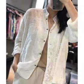 丁摩【断码清仓】 新中式真丝丝绒衬衫高定烧花提花玉石扣外套宽松立领上衣Q121178