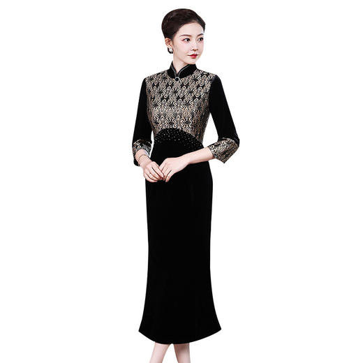 上海旗袍厂ZY-Q5636秋冬名媛质感丝绒拼接礼服女黑色长款端庄宴会演出连衣裙 商品图4