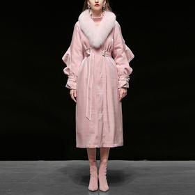 【羽绒服】新款女装粉色毛领中长款羽绒服潮收腰过膝加厚派克服外套