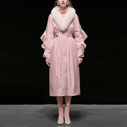 【羽绒服】新款女装粉色毛领中长款羽绒服潮收腰过膝加厚派克服外套 商品图0