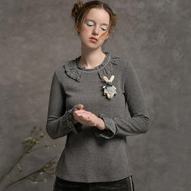 famecoco范可儿长袖t恤女秋季圆领修身纯色复古蕾丝上衣D216BB300