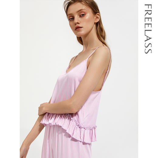 弗利少女睡衣女夏家居服无袖粉色条纹上衣长裤套装新品休闲吊带装 商品图2