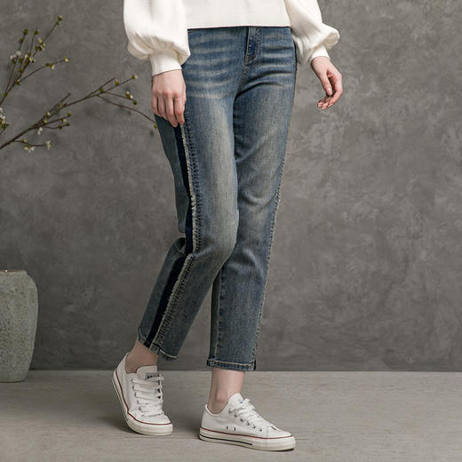 famecoco范可儿秋长裤黑色高腰时尚百搭水洗直筒牛仔裤女D216GA300 商品图1