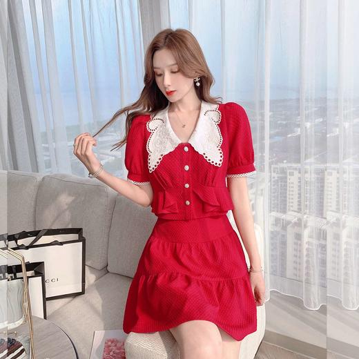 张心子「百利甜」小香风甜美红色套装裙子2021年女夏新款两件套装U210804 商品图2