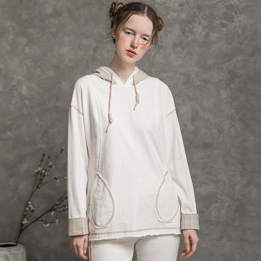 famecoco范可儿秋季连帽卫衣女纯棉长袖设计感宽松灰色上衣D216BL300 商品图0