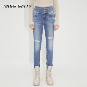 Miss Sixty2021秋季新款牛仔裤女三环高腰破洞毛边紧身修身九分裤6N3JJ2330800