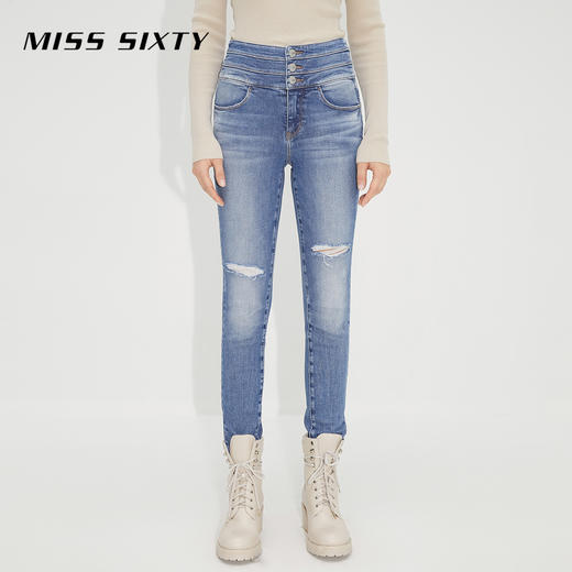 Miss Sixty2021秋季新款牛仔裤女三环高腰破洞毛边紧身修身九分裤6N3JJ2330800 商品图0