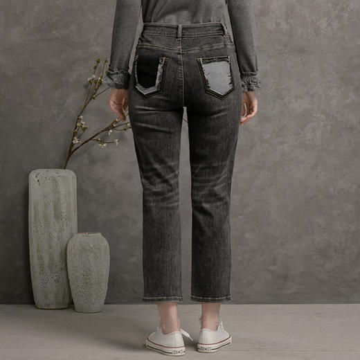 famecoco范可儿秋长裤黑色高腰时尚百搭水洗直筒牛仔裤女D216GA300 商品图3