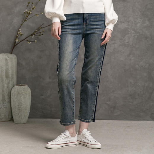 famecoco范可儿秋长裤黑色高腰时尚百搭水洗直筒牛仔裤女D216GA300 商品图0