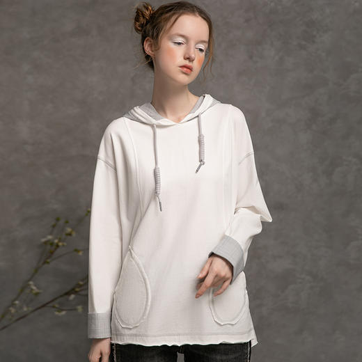 famecoco范可儿秋季连帽卫衣女纯棉长袖设计感宽松灰色上衣D216BL300 商品图4