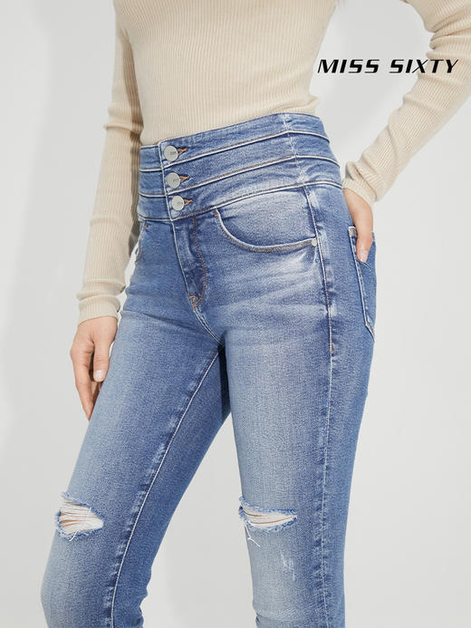 Miss Sixty2021秋季新款牛仔裤女三环高腰破洞毛边紧身修身九分裤6N3JJ2330800 商品图1
