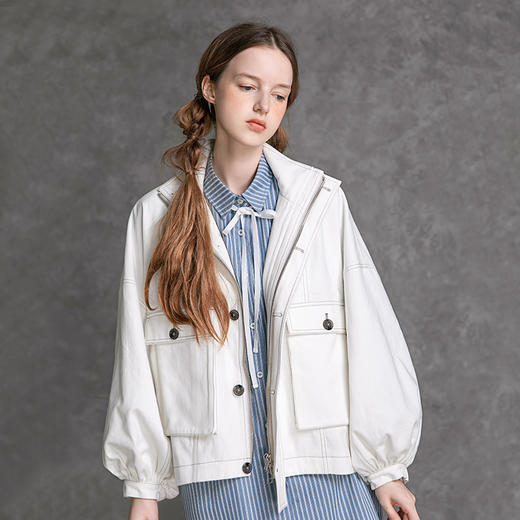 famecoco范可儿秋季外套女纯棉长袖立领灯笼袖宽松休闲短款D216AB303 商品图2