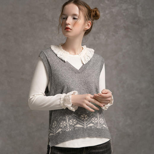 famecoco范可儿女士马甲背心秋v领无袖提花宽松羊毛马夹D216CA300 商品图0