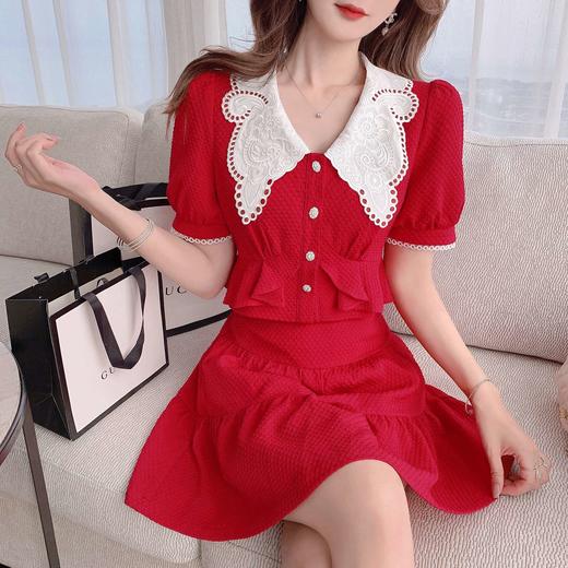 张心子「百利甜」小香风甜美红色套装裙子2021年女夏新款两件套装U210804 商品图1
