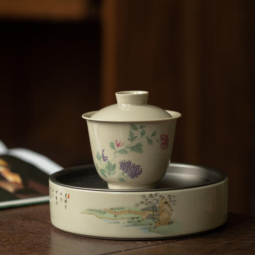 【铭道尚品】【蜜色2号单盖碗/柿子菊花草屋】口径8.3cm 高8.5cm 容量150ml 复古草木灰色釉陶瓷手抓盖碗茶杯单个家用功夫茶具中式泡茶碗 商品图2