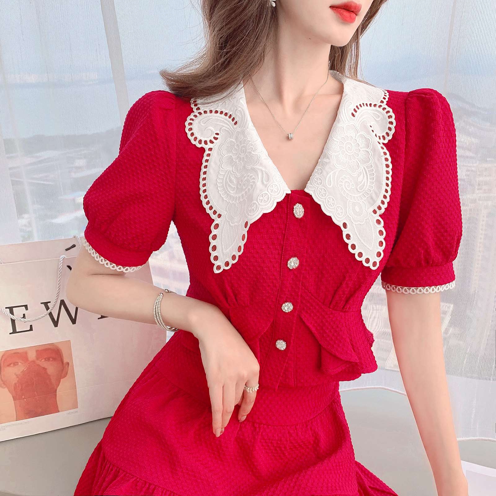 张心子「百利甜」小香风甜美红色套装裙子2021年女夏新款两件套装U210804