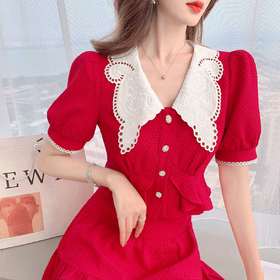 张心子「百利甜」小香风甜美红色套装裙子2021年女夏新款两件套装U210804