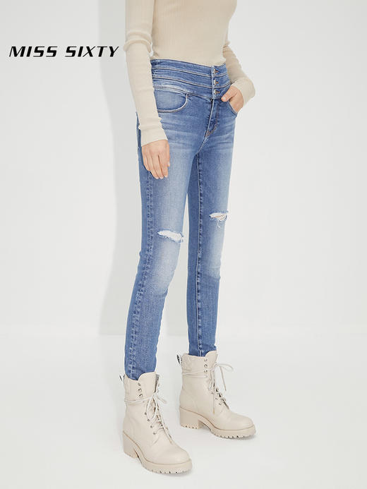 Miss Sixty2021秋季新款牛仔裤女三环高腰破洞毛边紧身修身九分裤6N3JJ2330800 商品图3
