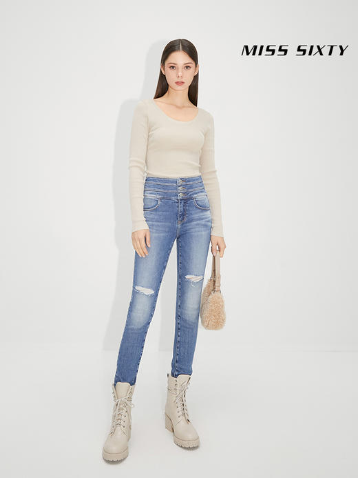 Miss Sixty2021秋季新款牛仔裤女三环高腰破洞毛边紧身修身九分裤6N3JJ2330800 商品图4