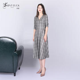 SAINT L’UCK/圣媛女装春季新款中长款V领格子连衣裙SA120L14