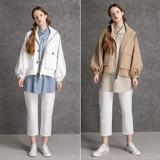 famecoco范可儿秋季外套女纯棉长袖立领灯笼袖宽松休闲短款D216AB303 商品图4