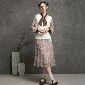 famecoco范可儿套装裙两件套秋雪纺连衣裙马甲复古时尚套装D216EA300
