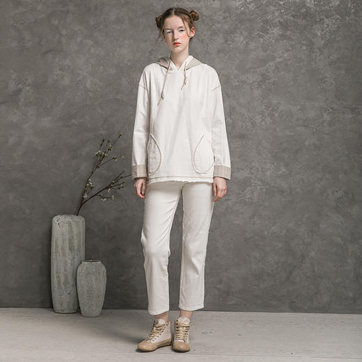 famecoco范可儿秋季连帽卫衣女纯棉长袖设计感宽松灰色上衣D216BL300 商品图2