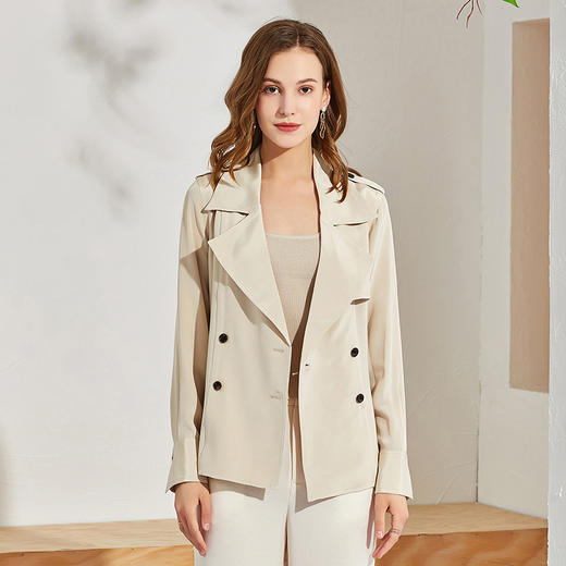 丁摩 高端货重磅30姆米真丝风衣外套女短款腰带气质翻领上衣Q121075-DZ999 商品图1