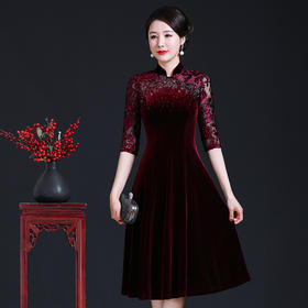 上海旗袍厂JC-JY218秋冬新款妈妈旗袍连衣裙婚宴改良旗袍礼服丝绒钉珠金丝绒