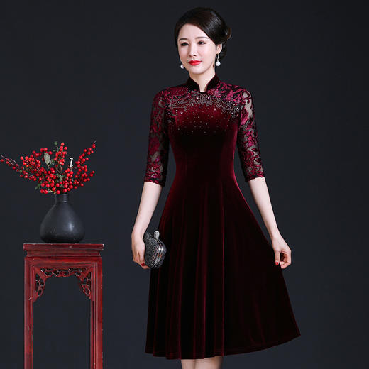 上海旗袍厂JC-JY218秋冬新款妈妈旗袍连衣裙婚宴改良旗袍礼服丝绒钉珠金丝绒 商品图0