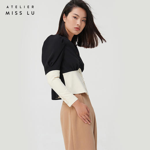AtelierMissLu-【职场战衣】 黑白拼色廓形袖收腰上衣 商品图5