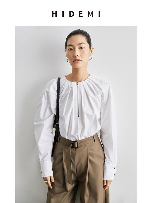 HIDEMI本期必入拉链褶皱廓形衬衫 黑色/白色 商品图0