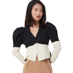 AtelierMissLu-【职场战衣】 黑白拼色廓形袖收腰上衣