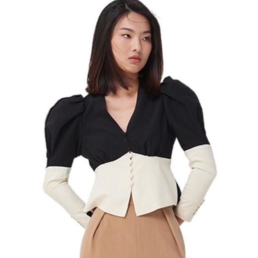 AtelierMissLu-【职场战衣】 黑白拼色廓形袖收腰上衣 商品图0