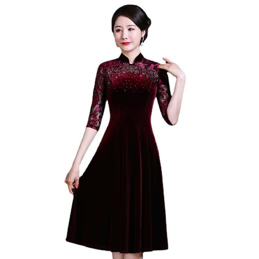 上海旗袍厂JC-JY218秋冬新款妈妈旗袍连衣裙婚宴改良旗袍礼服丝绒钉珠金丝绒 商品图4