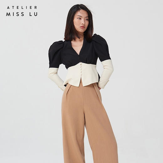 AtelierMissLu-【职场战衣】 黑白拼色廓形袖收腰上衣 商品图3